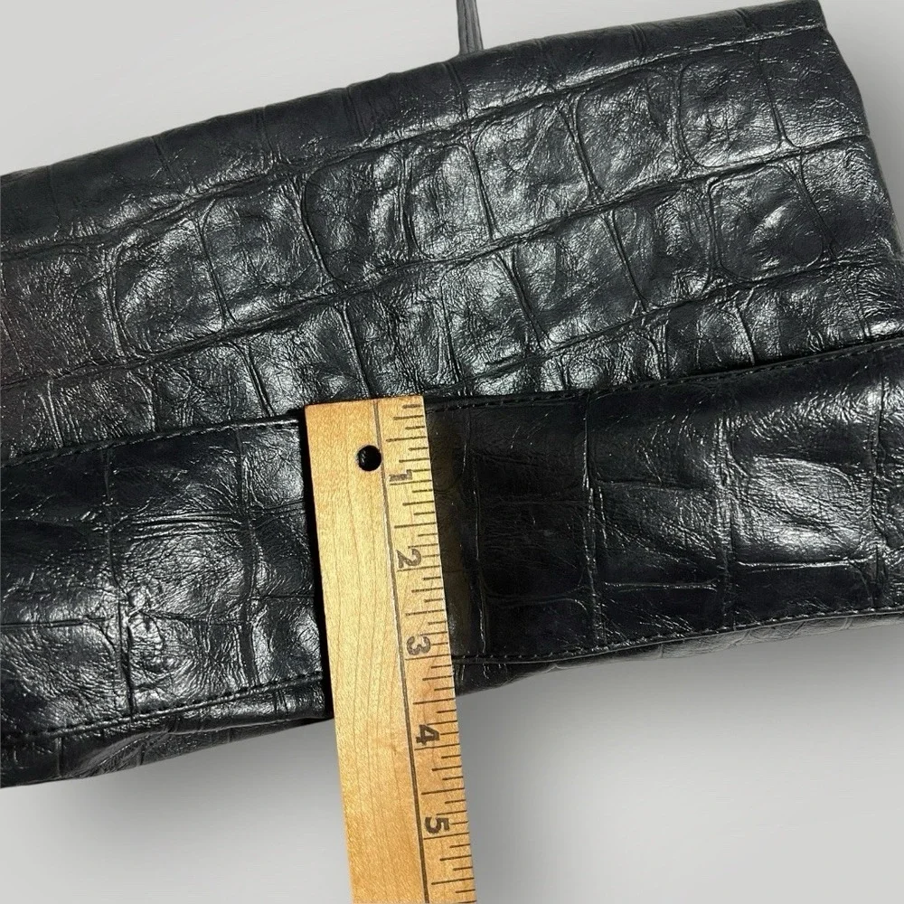 Nicole Miller Faux Leather Croc Embossed Fold Over Shoulder Bag‎ Roomy Mob Wife